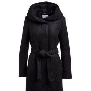 Cole Haan Black Wool-Blend Tie-Waist Hooded Coat Size 6